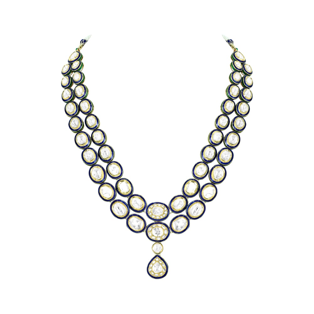 Twin-Line Polki Necklace with Blue Enamel and Pear Pendant